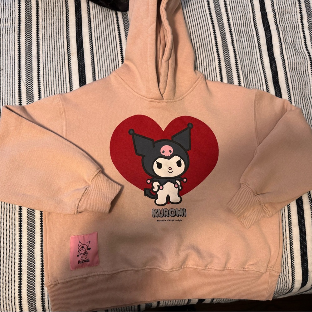 Zara Peach Kids Hoodie with Red Heart Kuromi Graphic
